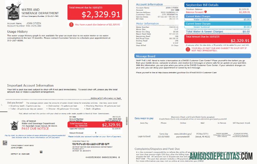 imprimível Modelo de conta de serviços públicos do Departamento de Água e Esgoto de Glendale dos EUA em formatos Word e PDF, 2 páginas